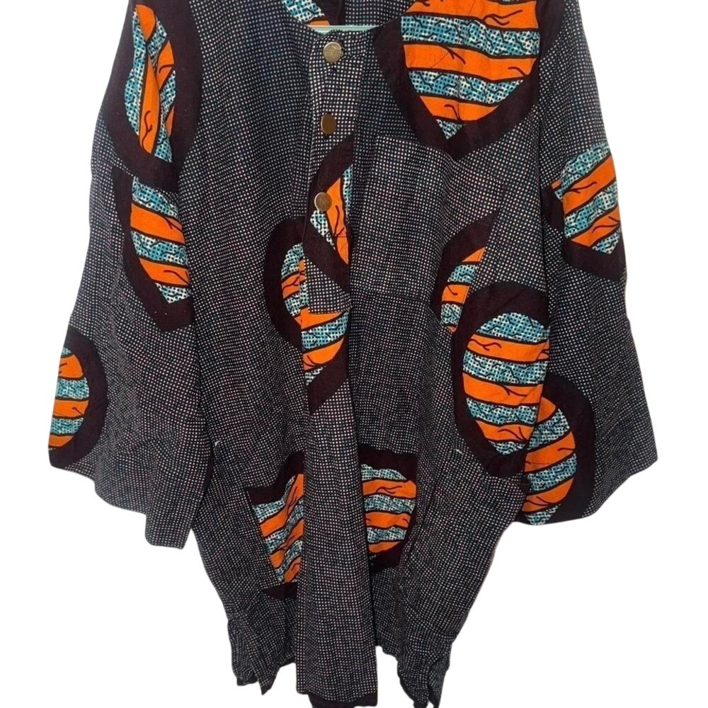 Vintage African Print Dashiki Tunic Shirt Heart Applique Black Orange Blue XL